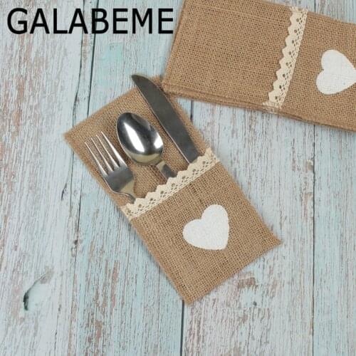 10pcs White Heart Hessian Lace Burlap Cutlery Holder Pouch Rustic Wedding Decoration Vintage Wedding Tableware decor