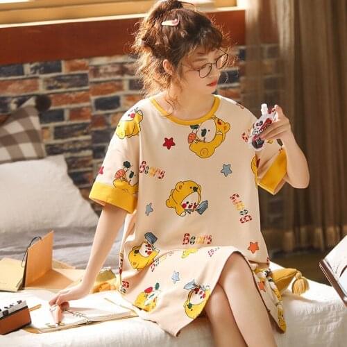 2021 Summer Short Sleeve 100% Cotton Print Nightgowns for Women Korean Sleepwear Girls Loose Night Dress Nightdress Home Nighty