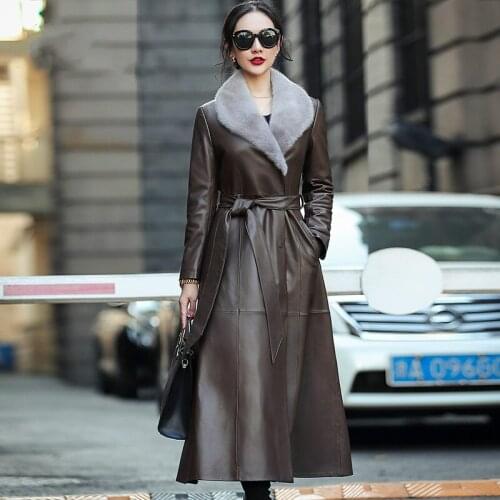 2021 Womens Leather Jacket Real Sheepskin Coat Female Long 90% White Duck Down Jackets Mink Fur Collar Cuero Genuino Pph2071