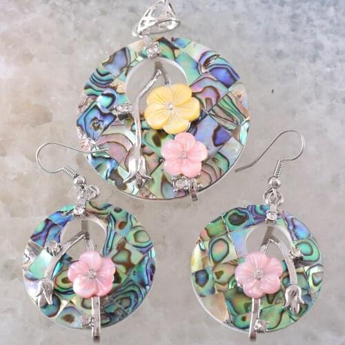 Round Handmade Jewelry For Women Flower Natural Blue New Zealand Abalone Shell Pendant Earrings 1Set RK1329