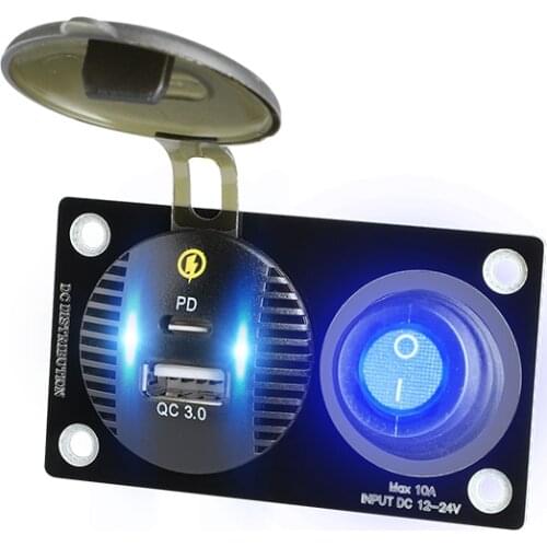 Quick Charge 36W QC Car Auto Accessories Charger USB C With Waterproof Rocker Toggle Switch On/off Led Light For Camping Boat RV