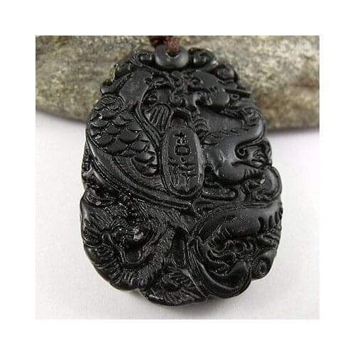 Black Green Chalcedony Prosperity Brought by Dragon & Phoenix Amulet Pendant NO. 223