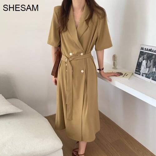 Korean Chic Summer Dress French Style Suit Collar Dress Woman Double Breasted Lace Up Waist Slim Short Sleeve Part Dress