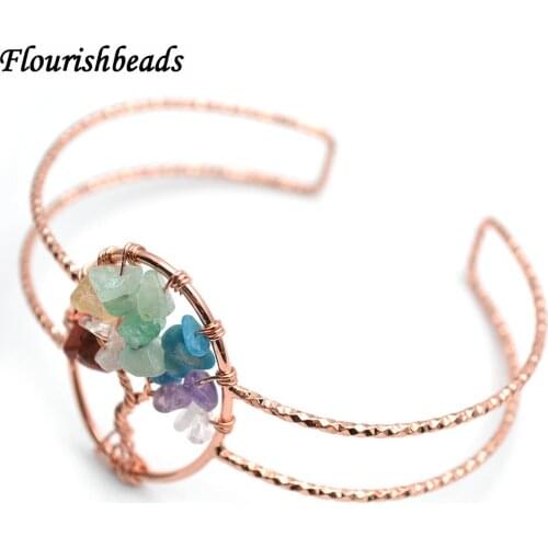 Crystal Healing Natural Mix Gemstone Chips Chakra Tree of Life Charm Cuff Bangle Bracelet Rose Gold Color Party Jewelry