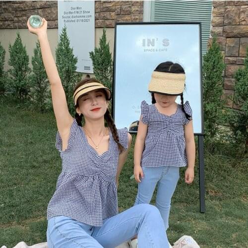 Summer Family Matching Shirts Korean Flying Sleeve Plaid Cute Blouse For Mother And Daughter Mommy And Me Clothes Family Look