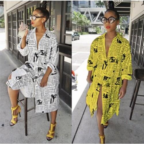 Fashion shirts newspaper tops female spring autumn long-sleeved casual long shirt dress casual round edge wild summer Chic tops