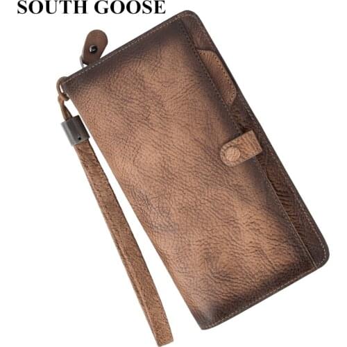 SOUTH GOOSE Genuine Leather Men Wallet Luxury Male Long Clutch Bag Multifunctional Cowhide Purse Coin Pocket Multi-Card Holder