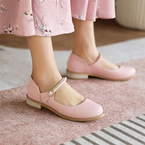 Spring New Women Buckle Strap Rhinestone Mary Jane Flat Shoes Gril Casual Round Toe Sweet Ballet Flats Size 31-43 pink Beige