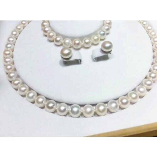 Charming AAA 9-10MM WHITE PEARL NECKLACE BRACELET EARRING SET
