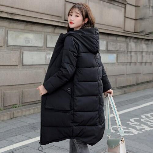 Solid Long Parkas Female Winter Hooded Solid Casual Jacket Women Plus Size Stand Collar Loose Big Pockets Thick Womens Coat