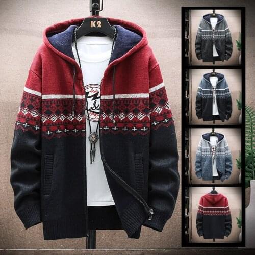 Autumn and winter cardigan warm catch velvet thick wool sweater fashion young men casual long sleeve jacket coat