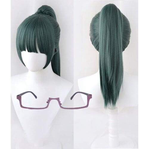 Anime Jujutsu Kaisen Cosplay Maki Zenin Wigs Dark Green Ponytail Heat Resistant Synthetic Hair Cosplay Wig + Wig Cap + Glasses