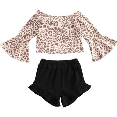 Pudcoco 6M-3Y 2Pcs Baby Girls New Fashion Off-the-Shoulder Leopard Print Flare Long Sleeve Blouse Tops+Shorts Pants Outfit Sets