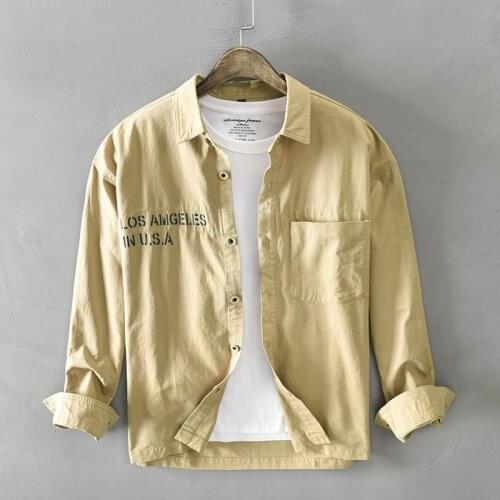 Korean Letter Printed Khaki Men Shirts 2020 Autumn Man Long Sleeve Solid Color Fashion Casual Male Tops Blouse Y3431