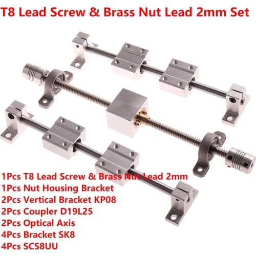 Lead screw Pitch 2mm T8 100mm 150mm 200mm 250mm 300mm 350mm 500mm 600mm 1000mm Lead 2mm+ KP08 With Optical Axis 8mm 16Pcs Set