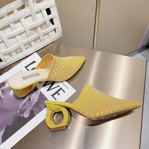 Stretch Fabric Pointed Toe Slippers Women Fretwork Round Heel Shoes Air Mesh Mules Flip Flop Slip On Slides Plus Size 43