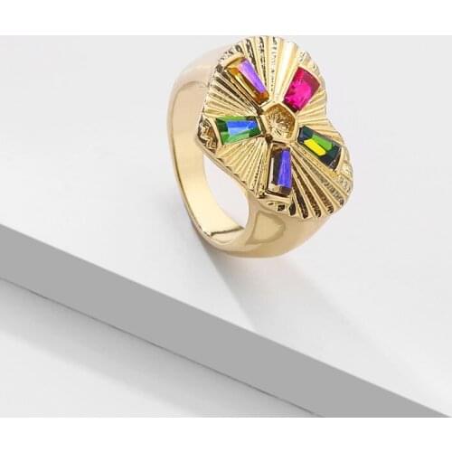 TARCLIY Trendy Geometric Heart-Shaped Metal Colorful Glass Crystal Ring Women Girls Exaggerated Hip-Hop Style Party Jewelry