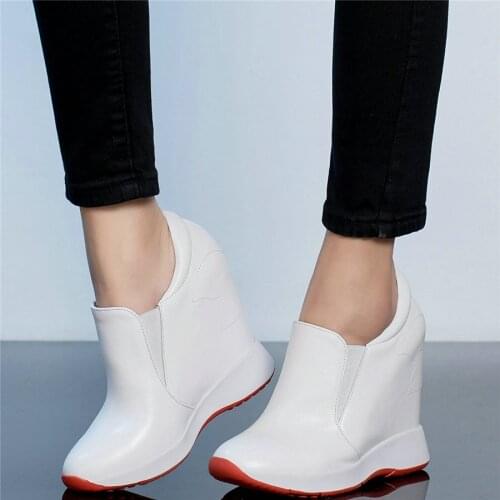 Casual Shoes Women Slip On Genuine Leather Wedges High Heel Platform Pumps Shoes Female Round Toe Fashion Sneakers Punk Trainers