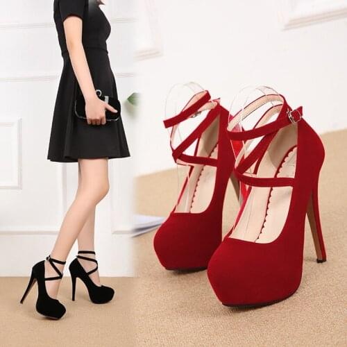 Shoes Woman Pumps Cross-tied Ankle Strap Wedding Party Shoes Platform Dress Women Shoes High Heels Suede Ladies Shoes Plus Size