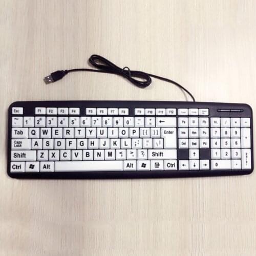USB Wired PC Computer Game Gaming Keyboard High Contrast Large Print White Keys Black Letter for Old People Elderly Men