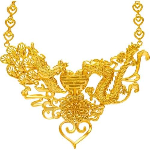 Vintage Yellow Gold Filled Dragon & Phoenix Pendant Necklace Womens Wedding Bridal Jewelry Gift