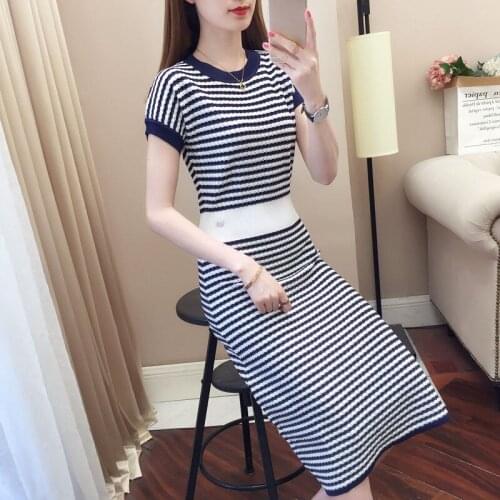 Ice Silk Knitted Dress Female Short Sleeve Summer Dress 2021 New Korean Temperament Slim Dark Blue Striped Thin Knit Dress aq623