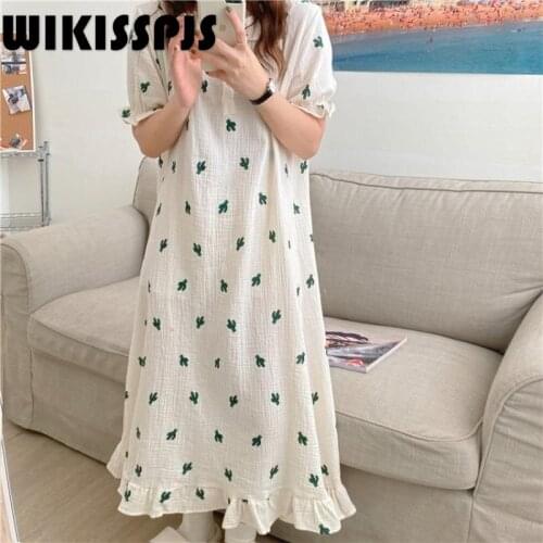 WIKISSPJS New Cactus Print Relaxed and Comfortable Home Wear In 2021 Summer Nightgowns Mid-Calf Polyester Round Neck