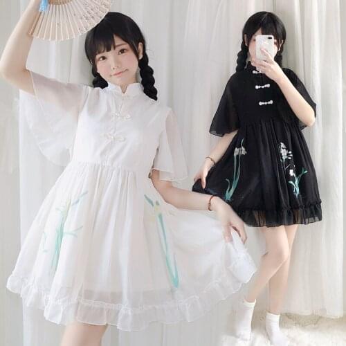 Japanese improve antiquity sweet lolita dress retro han element frog stand printing victorian dress kawaii girl gothic lolita op