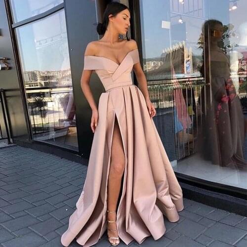YIWUMENSA Blush Pink V Neck Soft Satin Prom Dresses Off Shoulder Floor Length Formal Evening Dress Party Gowns Robes De Soirée