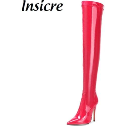 Insicre Patent Leather 2021 Winter Women Over Knee High Boots Pointed Toe Big Size 46 Zipper Thin High Heel Shoes Red
