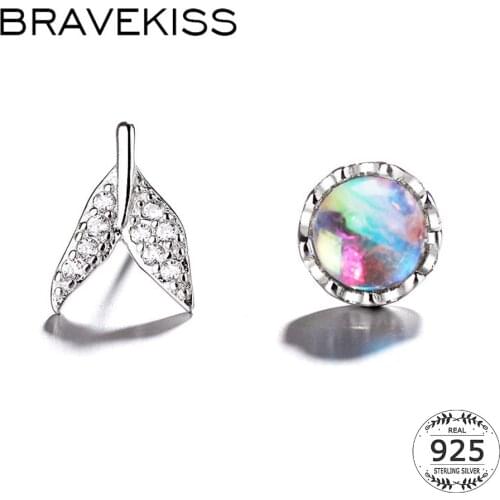 BRAVEKISS Moon Rainbow Stone Tail 925 Sterling Silver Stud Earrings for Women Female Korean Fashion Jewelry accessories BLE0595