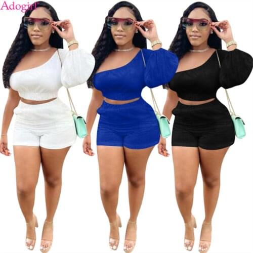 Adogirl Women Solid Summer Autumn Tracksuit One Shoulder Lantern Long Sleeve Elastic Crop Top Pockets Shorts Casual Sport Suit