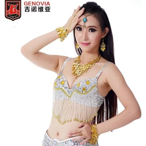 Women Sexy Belly Dance Top Shiny Sequins Bra Stage Tassel Costume Belly Dance Bras Tops Club Wear Clothes 34/75 C Cup