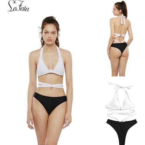 Womens Black White Bikini Push Up Halter Bikini Set