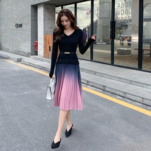 SMTHMA 2021 New Arrival Autumn And Winter Knitted Dresses Sexy V-Neck Pleated Gradient Patchwork Long Sleeve Dress Vestidos