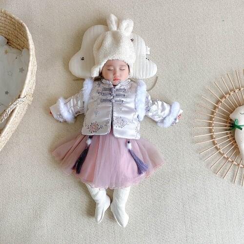 Child Baby Girls Plus Velvet Flower Sleeveless Vest+Mesh Princess Dresses 2piecs Clothes Sets Kids Winter Chinese Style Clothing