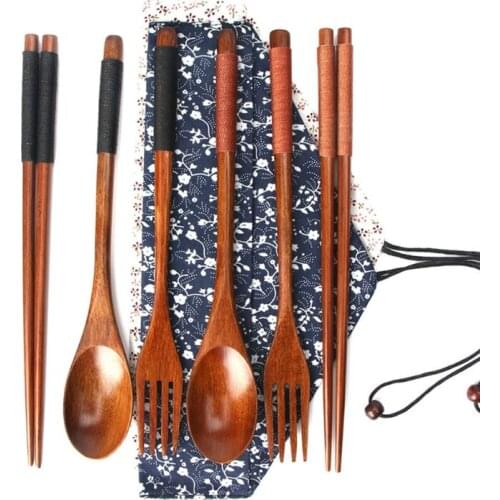 3 Pcs Spoon Fork Chopsticks Wooden Tableware Set with Portable Cloth Pack Outdoor Camping Log Cutlery Sets Travel Suit