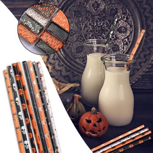 Halloween Biodegradable Drinking Paper Straws Pumpkin Bat Spider Web Skeleton Witch Pattern Straws Halloween Party Supplies