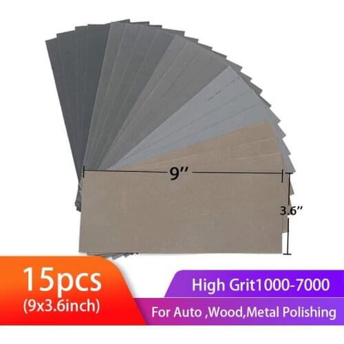 15pcs Wet Dry Sandpaper 9x3.6inch High Grit 1000 2000 3000 4000 5000 Assortment for Wood Metal Polishing Automotive Sanding