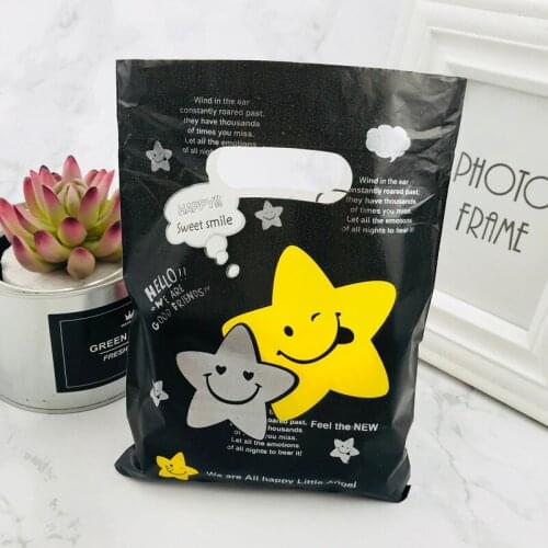 Black Yellow Five-pointed Star 15x20cm Plastic Gift Bag With Handles Jewelry Plastic Gift Handle Bags For Shops 100pcs