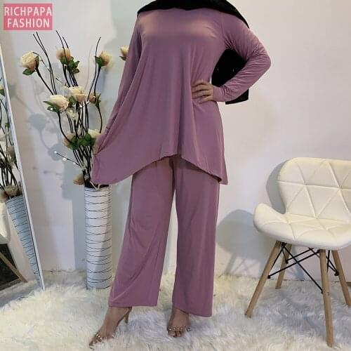 Eid Mubarak Abaya Dubai Turkey Muslim Sets Hijab Dress Islam Clothing Women Musulman Ensembles Femme 2 Pieces Pantalon Elegant