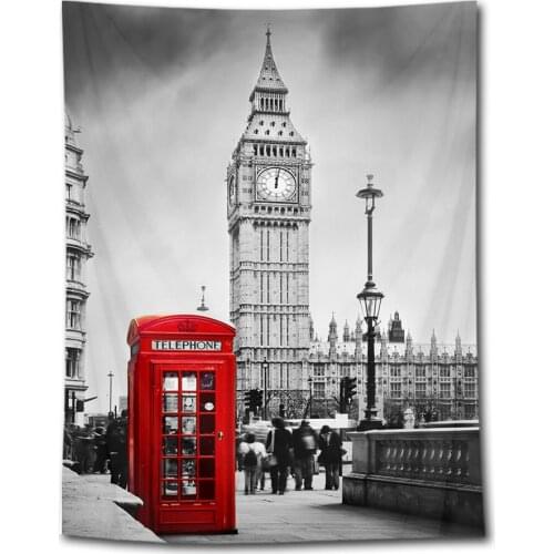 Big Ben Tapestry Red Phone Booth on The Street of London Wall Hanging Grey Cityscape Tapestries for Bedroom Living Room