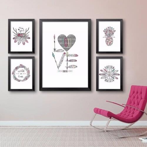 HAOCHU Indian Feather Headdress Wild & Free Typography Print Poster Abstract Canvas Painting Living Room Decor Modular Pictures