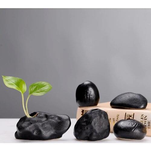 Creative Black Small Stone Flower Simple Mini Zen Home Decoration Flower Arrangement Stone Small Vase Decoration Custom