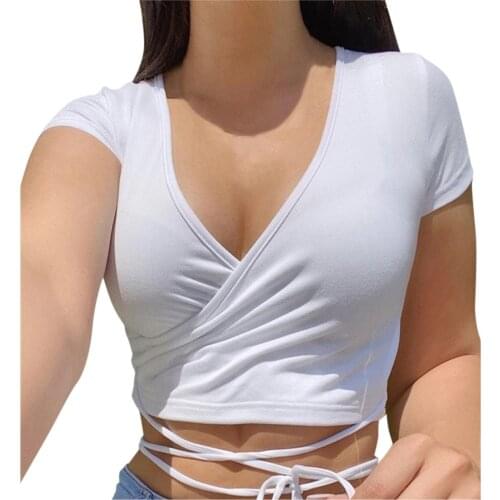 Summer Sexy Women Slim Crop Top Tees T Shirt Low Cut Short Sleeve Solid Female Teenage Girls Femmes T-shirt Cross Wrap Футболка