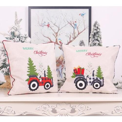 Christmas Ornaments Pillowcase Red Black Grid Embroidered Cartoon Tractor Pillowcase Chair Backrest Cover