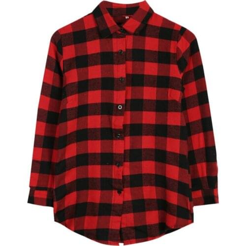 New Arrival US Women Casual Long Sleeve Plaid Shirt V Neck Loose Tops Blouse Plus Size M-2XL