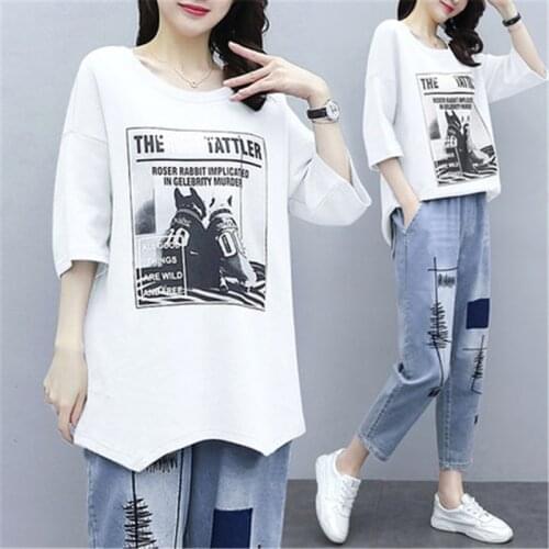 Single/Suit 6XL Summer New Plus Size Ladies Two-Piece Set Cartoon T-Shirt Elastic Waist Nine-Point Jeans Loose Comfortable Women