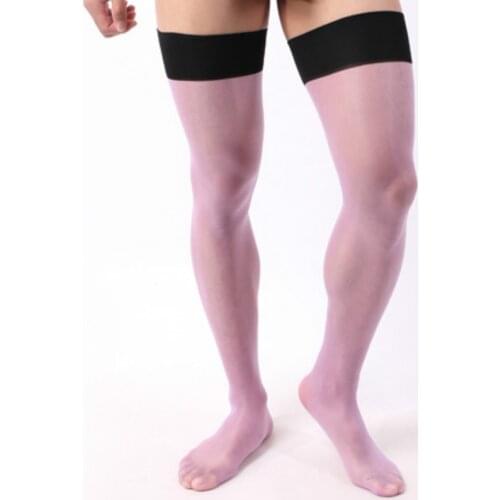 Purple Oil Shine Shiny Thigh High Stockings for Men Underwear Popular Sexy Lingerie Wide Rib Top Cuff Medias Silk Stockings