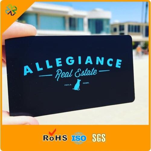 Blue words with pantone color requirement matte black metal cards manufacture